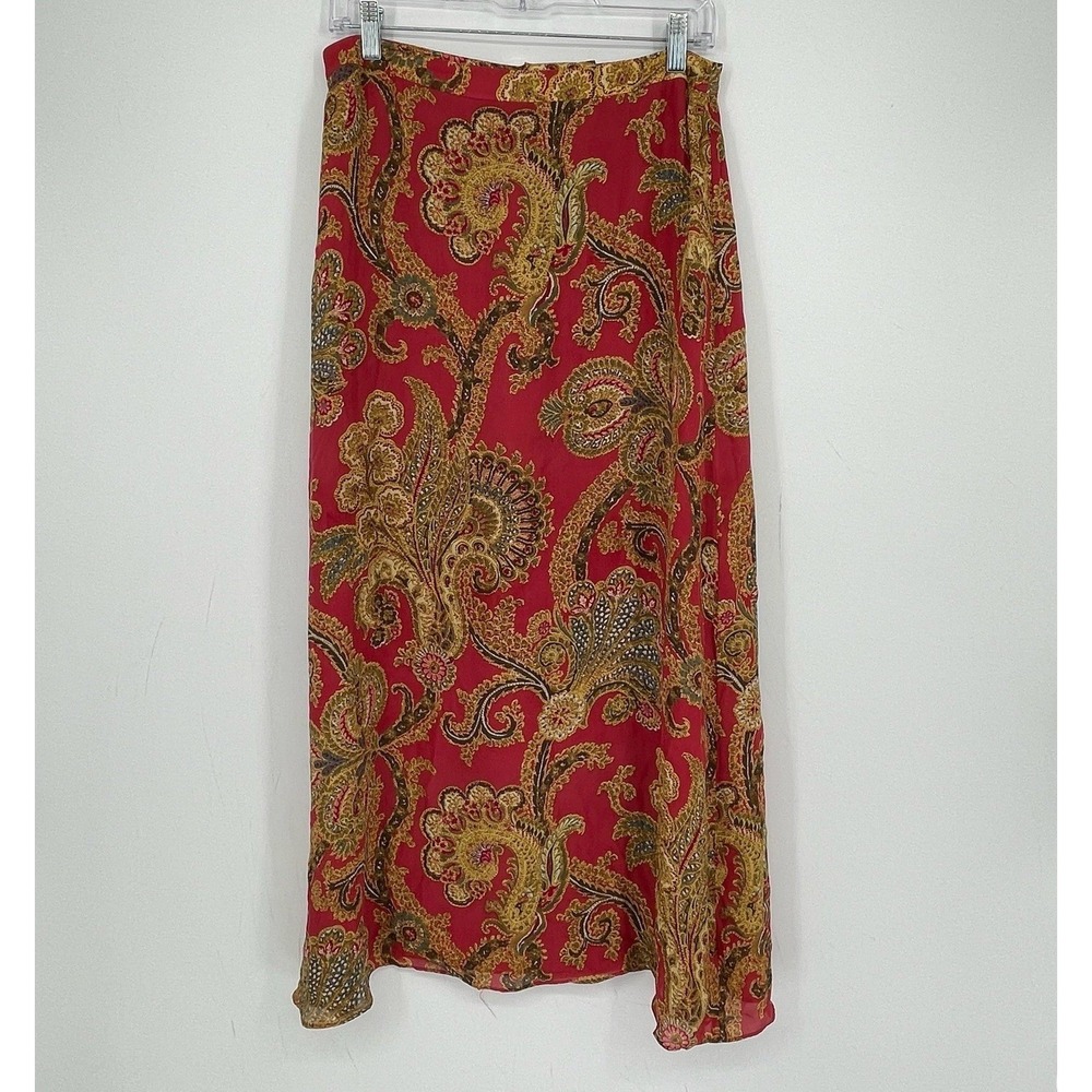 Jones New York Country Vintage Women's Red Paisley Silk Boho Maxi Skirt Size 10
